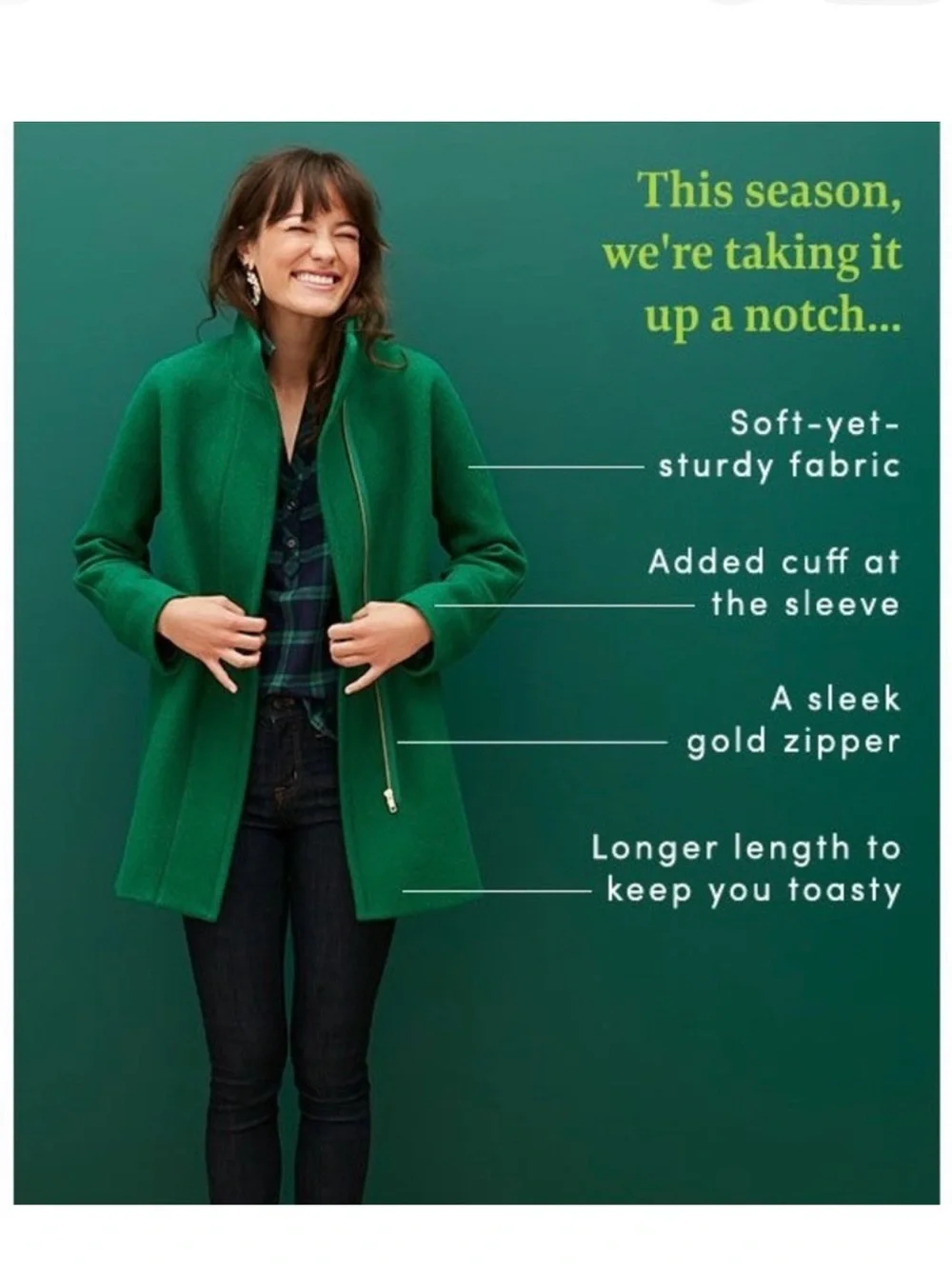 J. Crew Emerald Green Stand-Collar Wool Peacoat